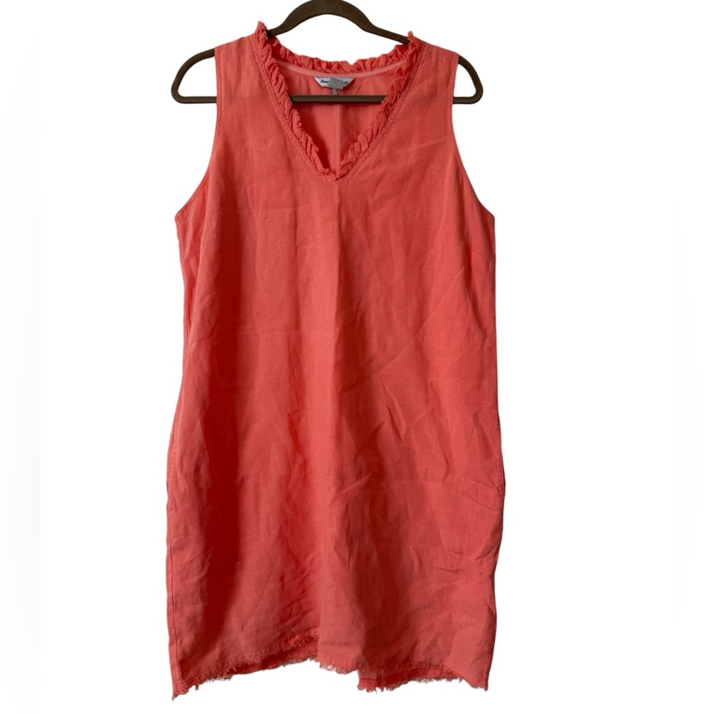 Tommy Bahama Large Linen V Neck Ruffle Fringe Coral Pink Shift Dress Resort